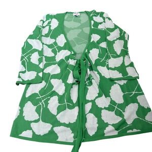 Diane von Furstenberg Green White Ginkgo Leaf Wrap Cardigan Sweater Size M Layr